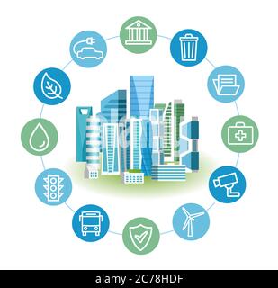 Modern Urban City Landscape And Set Of Different Infographic Icons, Vector Illustration Stock Vector
