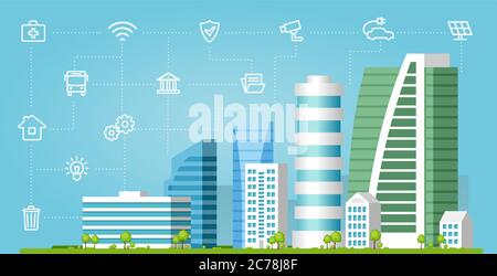 Smart City Solutions. Vector Illustrations With Urban Buildings And Infographic Icons Network Stock Vector