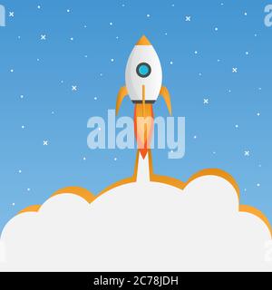 Rocket Launch In Blue Sky, Business Startup Concept, Vector, Square Stock Vector
