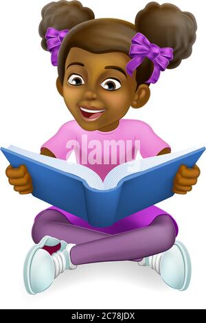 Black Girl Child Cartoon Kid Reading Book Stock Vector