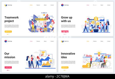 Innovation teamwork on business project vector illustrations. Cartoon flat creative concept design set with business team working and creating innovative idea, financial startup for growing wealth Stock Vector