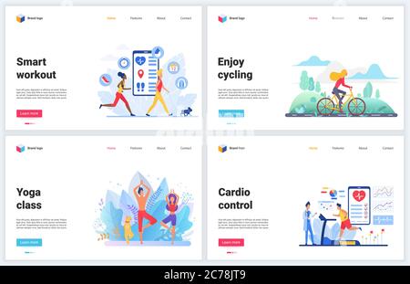 Sport fitness applications vector illustrations. Cartoon flat design template set, mobile website interface for sportsman health control tracking, cycling, cardio training or yoga workout smart device Stock Vector