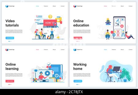 Online education and freelance work at home vector illustrations. Cartoon flat modern remote educational concept design template set with learning on digital training course, freelancer work from home Stock Vector