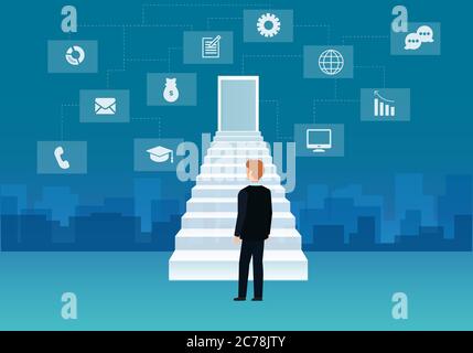 Career Growth Illustration With Businessman And Staircase, Blue Background, Vector Stock Vector