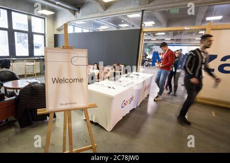 BUCHAREST, ROMANIA - FEBRUARY 12, 2020: Google Partners logo on entrance of their conference. Google Partners is a program between Google & marketing Stock Photo