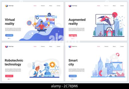 Virtual reality robotic technology vector illustrations. Creative modern concept banner set, website design with cartoon flat augmented future robot reality of smart city, artificial intelligence Stock Vector