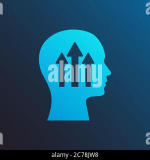 Human Head With Arrows Pointing Upwards Over Blue Background, Vector Stock Vector