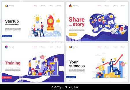 Successful startup, business course vector illustrations. Cartoon flat concept design template set with modern creative business training programs for start projects, success of marketing service Stock Vector