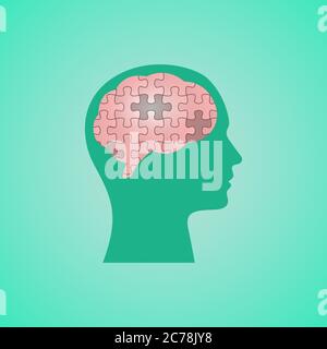 Human Head With Puzzled Brain Over Green Background, Vector Illustration