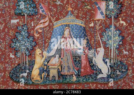 Detail of À Mon Seul Désir tapestry, the sixth in the La Dame à la licorne, or The Lady and the Unicorn series of tapestries. Stock Photo