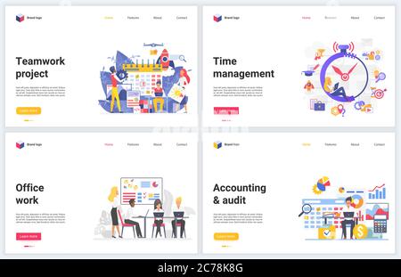 Business management, office teamwork vector illustrations. Cartoon flat modern creative design set, concept banners with businessman employee team working on accounting, financial analysis and audit Stock Vector