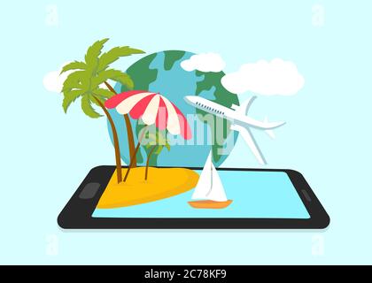 Vector vertical illustration of beach on phone screen Stock Vector