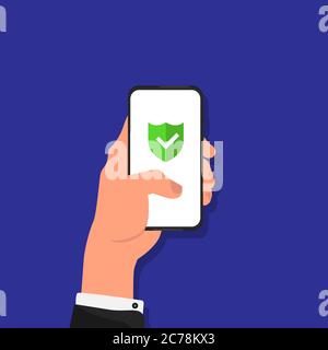Businessman Using Smartphone With Anti-Virus Protection Over Blue Background, Vector Stock Vector