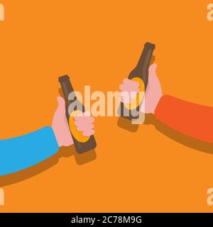 Two Guys Clinking Beer Bottles Over Orange Background, Illustration, Closeup Stock Vector