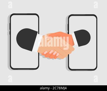 Two Businessmen Handshaking Through Smartphones Screens Over Gray Background, Illustration Stock Vector