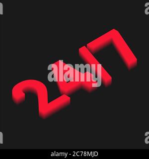 24-Hours-7-Days Icon With Red 3D Numbers Over Black Background, Illustration Stock Vector