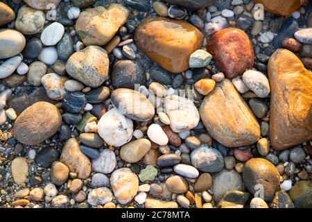 Multicolored Wet Stones on a Sea Beach for Background Stock Photo