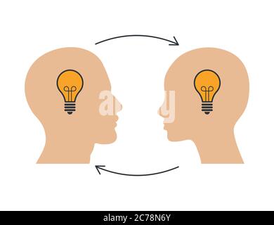 Teamwork And Ideas Exchange. Two human head silhouettes with lightbulbs inside, vector Stock Vector