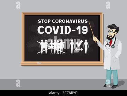 doctor and coronavirus info on blackboard Stock Vector