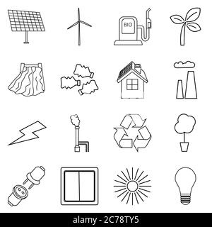 Vector set of simple eco related outline icons isolated on white background. Contains icons of electricity production, wind generators, solar panels, Stock Vector