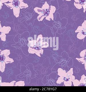 Seamless pattern of abstract flowers and herbs on a violet. Abstract botanical vector illustration. Perfect design for textile or print. Stock Vector
