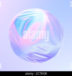 3D spheres inside liquid shape in holographic neon colors. Iridescent ripples and movements on fluid surface. 3D rendering. Stock Photo