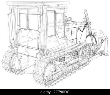 Powerful hydraulic bulldozer. Wire-frame. Vehicle Vector Illustration transport. The layers of visible and invisible lines are separated. EPS10 format Stock Vector