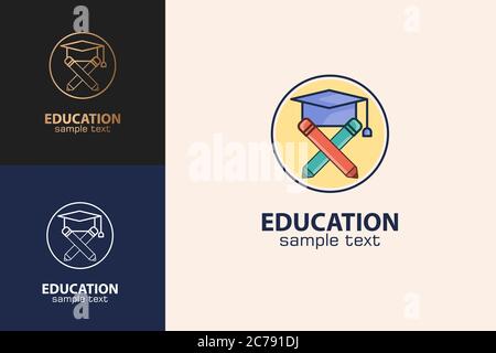 Education Logo, Graduation Hat And Pencil Design Concept. Stock Vector