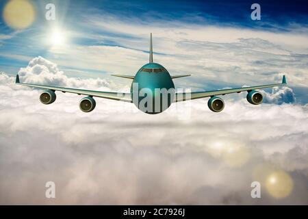 3D rendering of a passengers airplane on flight over the clouds. Stock Photo