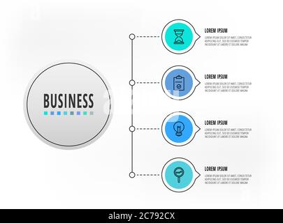 Infographics circles with 4 steps, icons. Flatline vector template. Can be used for four business, web, banner, workflow layout, flowchart, info graph Stock Vector