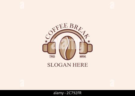 Coffee Bean, Music Earphone, Coffee Break Logo Design Concept. Stock Vector