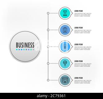 Infographics circles with 5 steps, icons. Flatline vector template. Can be used for five diagrams, business, web, banner, presentations, flowchart Stock Vector