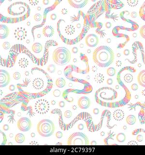 Variegated bright lizards and snakes seamless pattern, isolated on white background. Vector texture with intricate tribal colorful animals. Stock Vector
