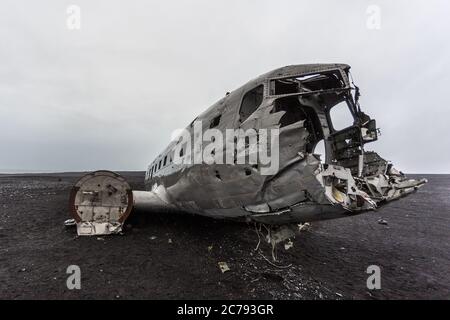 Solheimasandur beach, Iceland- 22 August 2015: The abandoned wreck of a US military plane on Solheimasandur beach near Vik. Stock Photo