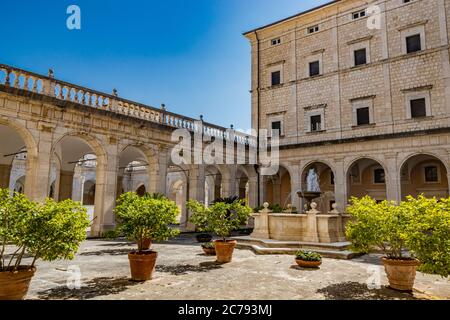 July 3, 2020 - Montecassino Abbey, Cassino, Italy - Benedictine monastery located on the top of Montecassino is the oldest monastery in Italy. Cloiste Stock Photo