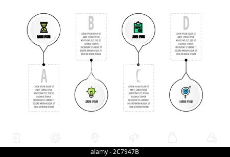 Infographics circles with 4 steps, icons. Flatl ine vector template. Can be used for four business, web, banner, workflow layout, flowchart, info Stock Vector