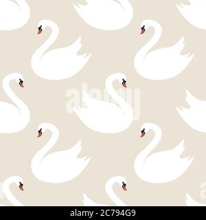 Exquisite elegant white swans seamless pattern, isolated on gently pink color background. Romantic vector pattern with birds. Stock Vector