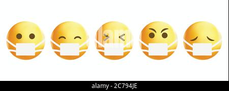 Popular high quality emoticons isolated on a white background.Yellow face with medical masks.Emoji set with different expressions.Emoticon vector.Mask. Stock Vector