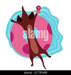 A vector illustration of a cute Dachshund wiener dog with a rubber ring on a beach Stock Vector