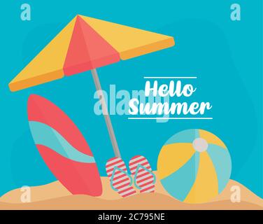 Hello Summer with colorful beach elements vector illustration design Stock Vector