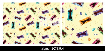 A vector illustration of a cute Dachshund wiener dog on a beach. Seamless pattern. Beach towel. Suntan. Stock Vector
