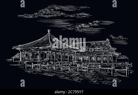 Forbidden city in Beijing, landmark of China. Hand drawn vector sketch illustration in white color isolated on black background. China travel Concept. Stock Vector