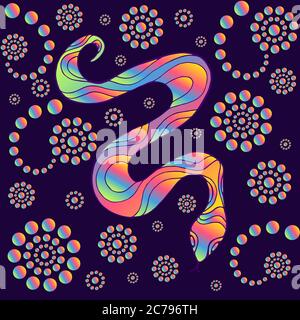 Bright colorful snake, neon gradient color, isolated on dark purple background with patterns Stock Vector