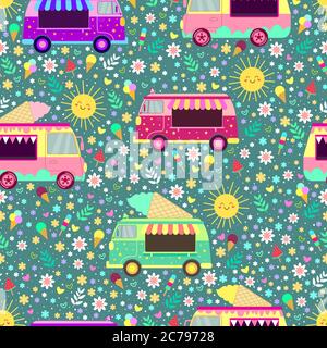 Cartoon ice cream trucks seamless pattern, with cute smiling suns, flowers, hearts and ice cream. Stock Vector
