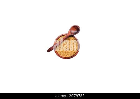 Fenugreek seeds spices of Kerala, on white background. Top down view. Stock Photo