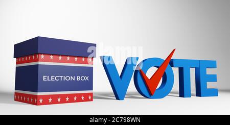 election box with America flag pattern and blue text vote with red check correct sign isolated on white background, 3d. US presidential election Stock Photo