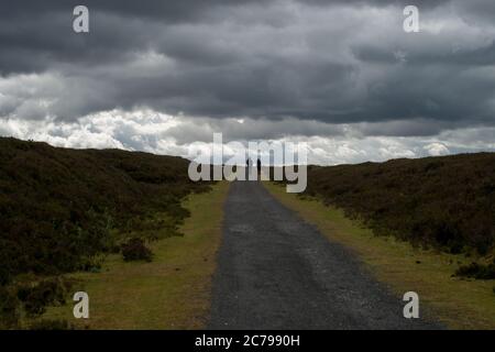 A  couple seen in the distance walk along the Waskerley Way with moorland to either side and heavy clouds overhead Stock Photo