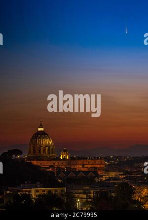 Comet Neowise above Basilica of Saint Peter (Italy) Stock Photo