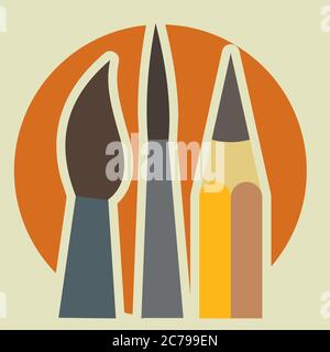 Art Studio. Logo. Vector. Big and small brushes and pencil. Against the background of the orange sun. Stock Vector