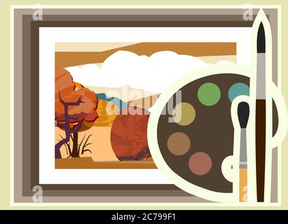 Art. Vector. Painting, brushes and palette. The symbol of the art studio. Graphic button for website, element for booklet. Stock Vector